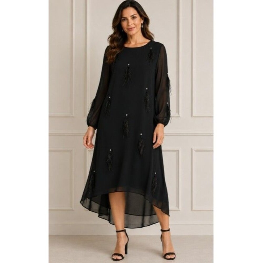 Chico's Feather Popover Midi Dress Black Sheer Sleeve Embellished Size 1.5 US 10